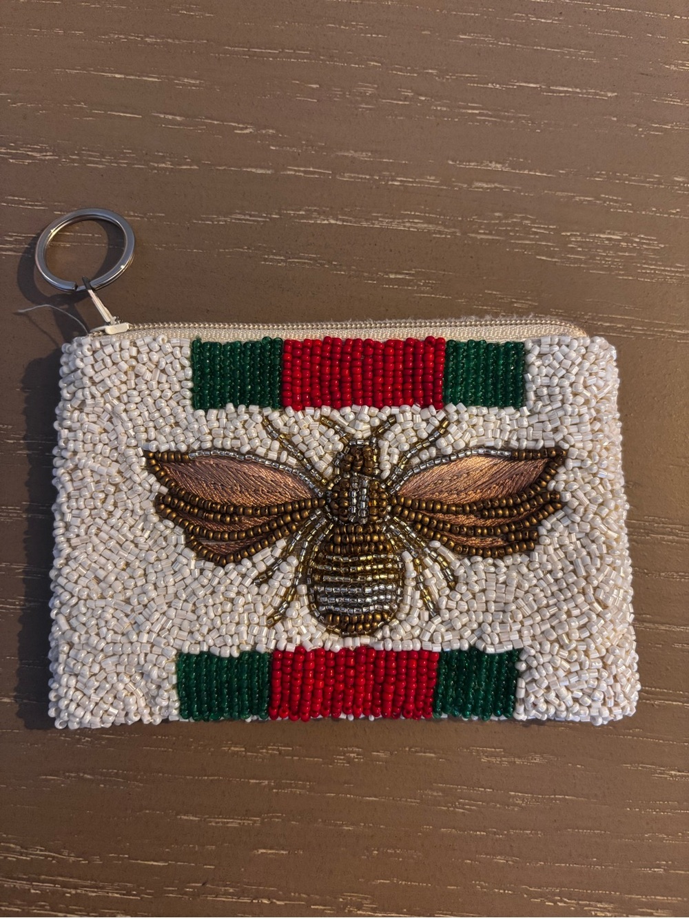 Beaded Bee Coin Pouch with Red & Green Stripe